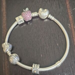Pandora Sterling Silver Bracelet with Pink Pave Apple Charm